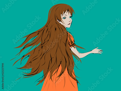 Beautiful cartoon girl with long light brown hair turning her head and looking back