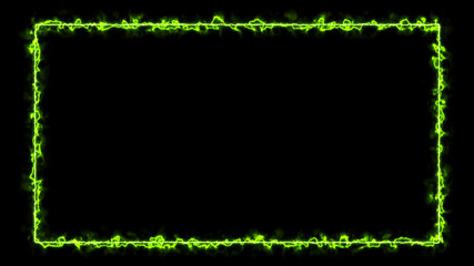 Empty frame with electric power round border glowing, burning flame sign. Blank rectangle fire with electric power around frame lights. The best stock photo image of green electric energy power