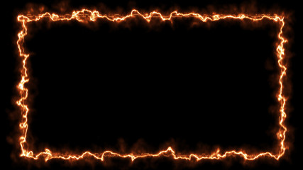 Empty frame with fire border glowing, burning flame signboard. Blank rectangle sign fire flames around frame lights. The best stock of photo image signboard orange fire burning on black background