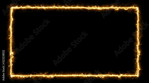 Empty frame with fire border glowing, burning flame signboard. Blank rectangle sign fire flames around frame lights. The best stock of photo image signboard yellow fire burning on black background