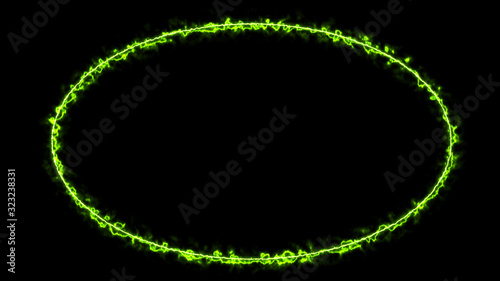 Empty e lip circle, circular frame with electric power border glowing, burning flame sign. Blank circle fire with electric power around frame lights. The best stock photo image green electric power