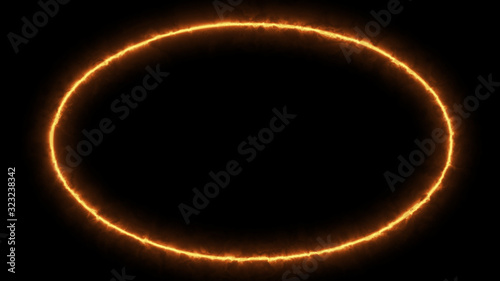 Empty e lip circle, circular frame with fire border glowing, burning flame signboard. Blank elip circle sign fire flames around frame lights. The best stock of image frame signboard orange fire burn