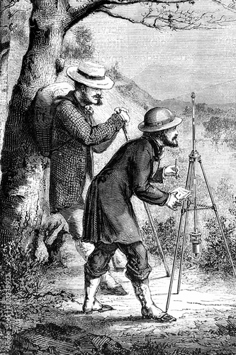Calculating the height of the mountains by barometric observation, according to Laplace's formula. Antique illustration. 1883.