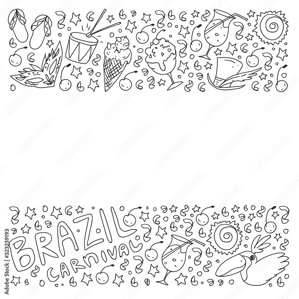 Brazilian vector pattern with palm, beach, firework. Brazil icons for posters and banners. Brazilian vector pattern with palm, beach, firework. Brazil icons for posters and banners.