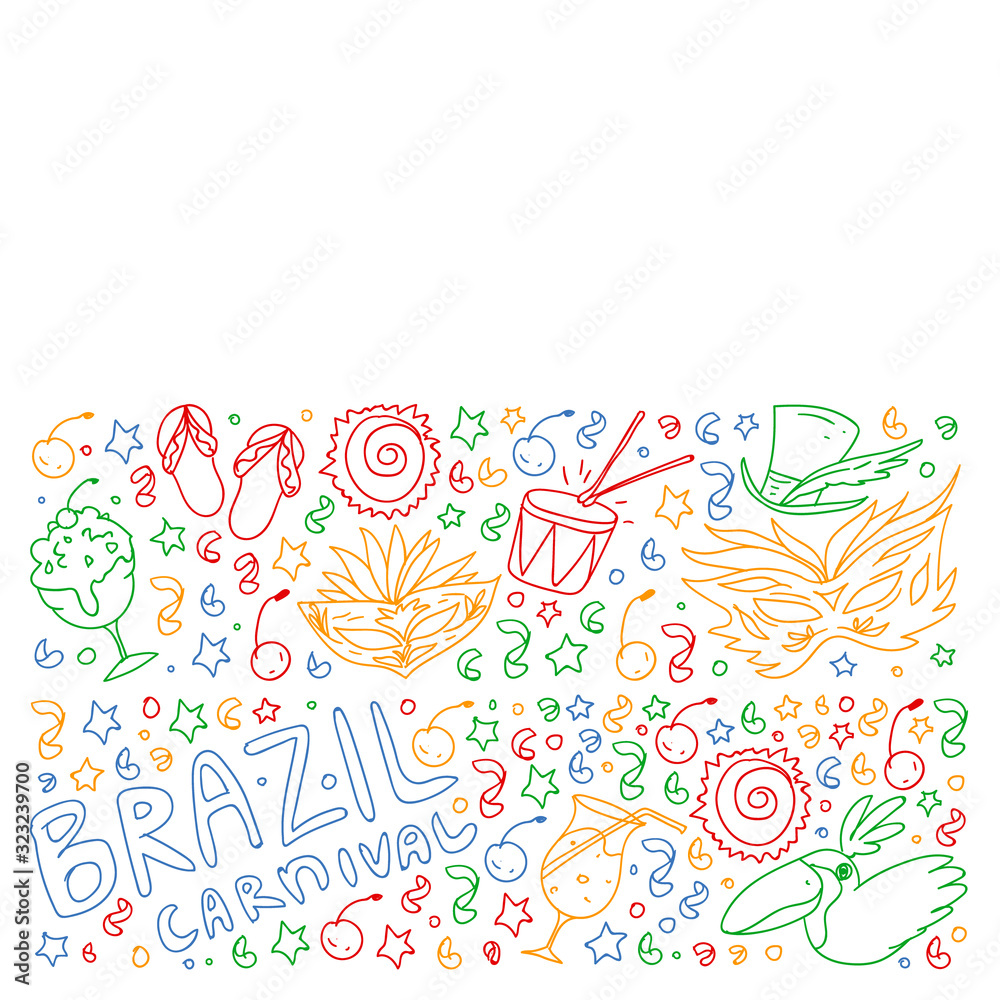 Brazilian vector pattern with palm, beach, firework. Brazil icons for posters and banners.