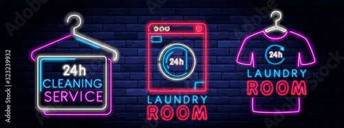 Dry cleaning service neon banner. Laundry room neon symbol on background of brick wall vector illustration. 24 hour laundromat service night neon signboard.