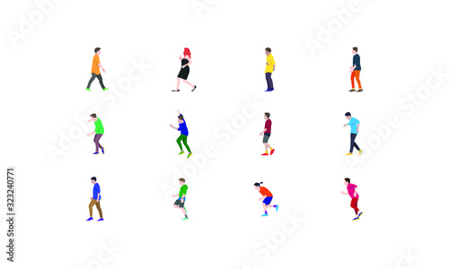 Crowd of people performing summer outdoor activities and walking. Group of male and female flat cartoon characters isolated on white background. Vector illustration.