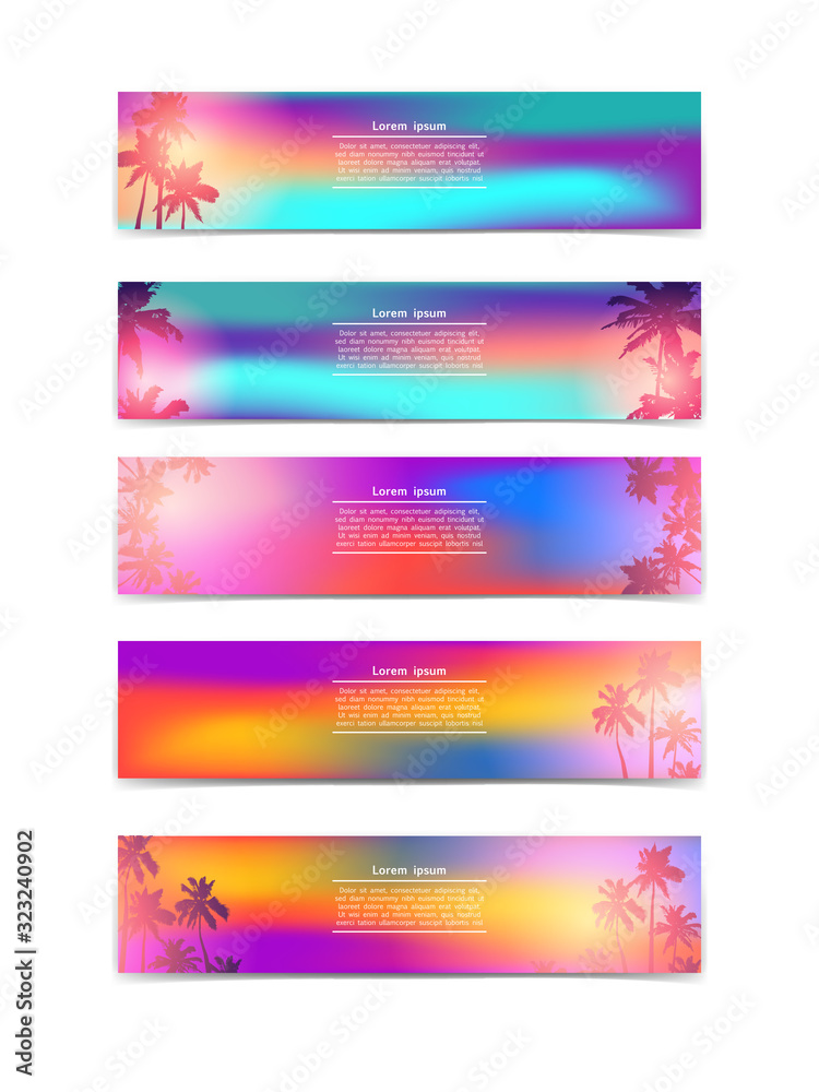 A collection of bright simple banners with palm silhouettes for websites in trend colors. Vector illustration