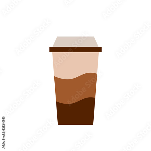 Takeaway latte coffee cup with milk foam on white background. Cartoon macchiato disposable coffee cup. Mocha coffee chocolate-flavoured. Layered coffee glass. Vector illustration,flat style,clip art. 