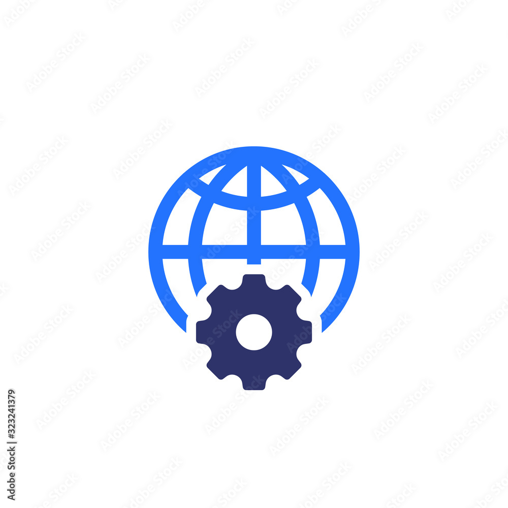 globe and gear icon on white globe and gear icon on white