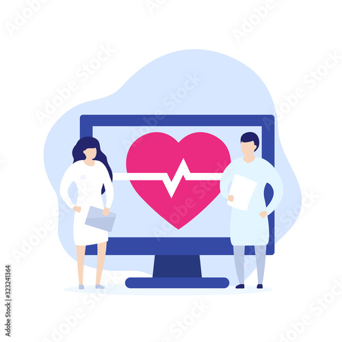 ecg, electrocardiogram, cardio diagnostics vector illustration with medics