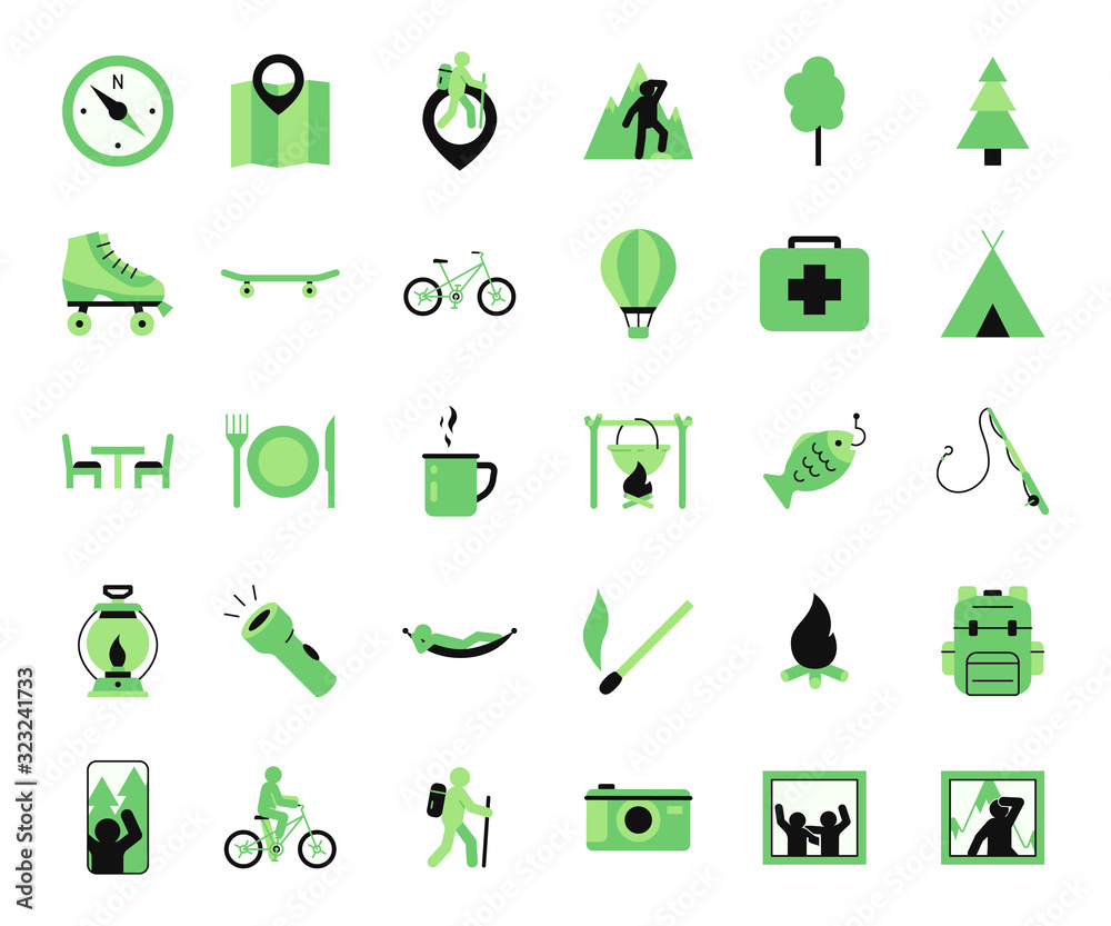 Summer vacation and outdoor on the beach stuff line elements for web. Set summer beach icons flat styles. Summer vacation and outdoor on the beach stuff line elements for web. Set summer beach icons flat styles.