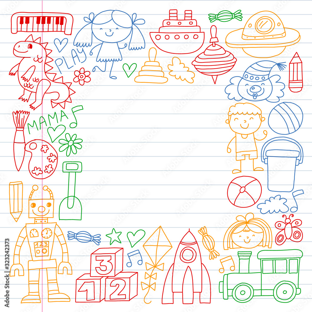 Kindergarten preschool school children. Kids drawing style vector pattern. Play grow learn together. Kindergarten preschool school children. Kids drawing style vector pattern. Play grow learn together.
