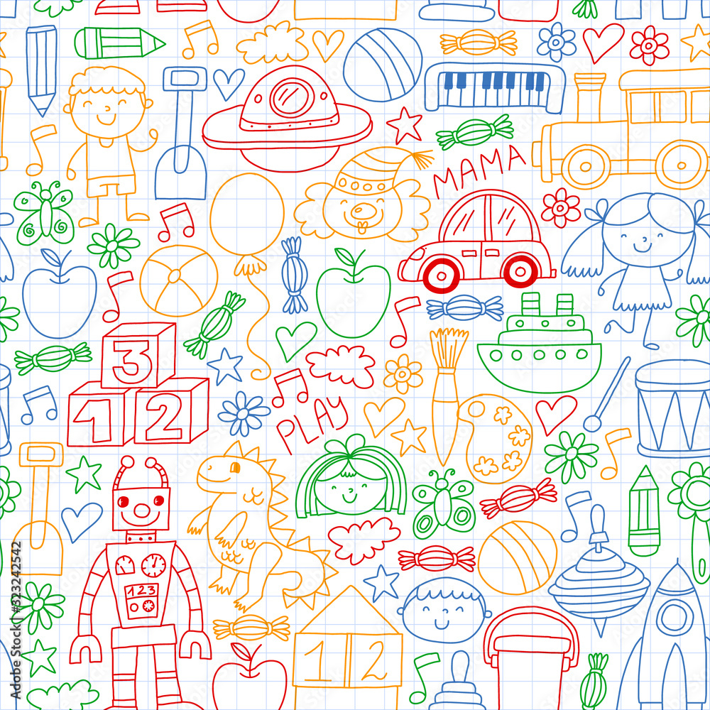 Kindergarten preschool school children. Kids drawing style vector pattern. Play grow learn together.