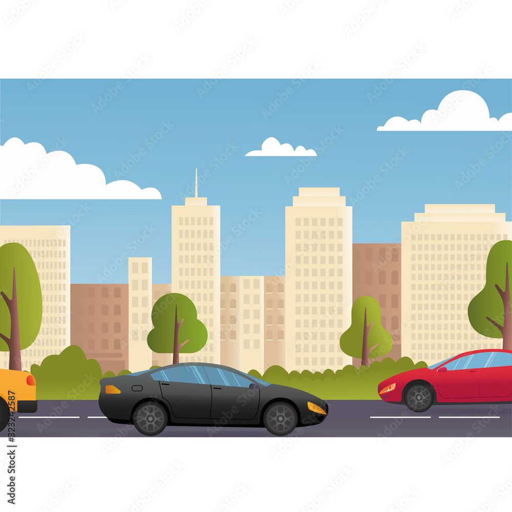 Cars Driving City Street Panorama Urban Road Flat Vector Illustration. City street exterior. American city with court, Sustainable traffic on the road.