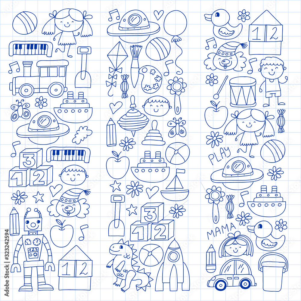 Kindergarten preschool school children. Kids drawing style vector pattern. Play grow learn together.