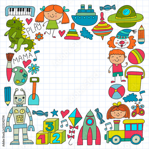 Kindergarten preschool school children. Kids drawing style vector pattern. Play grow learn together.
