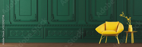Dark green interior design background with bright yellow modern armchair and cofee table with decoration on a molding classic wall, 3d render