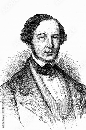 Macedonio Melloni. Italian physicist. Notable for demonstrating that radiant heat has same properties than light. 1798-1854. Antique illustration. 1883.