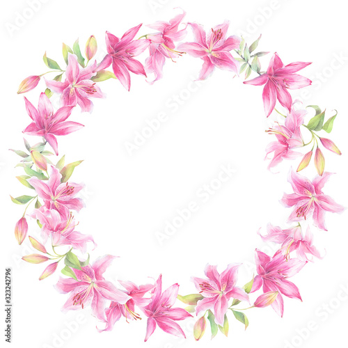 Floral round wreath of pink lily flowers. Hand painted watercolor illustration.  © Aleksandra Foster