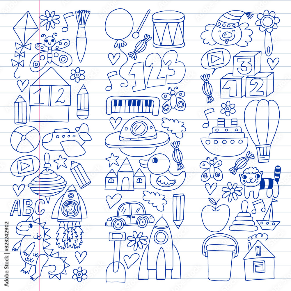 Vector pattern with children toys. Robot, rocket, horse, doll