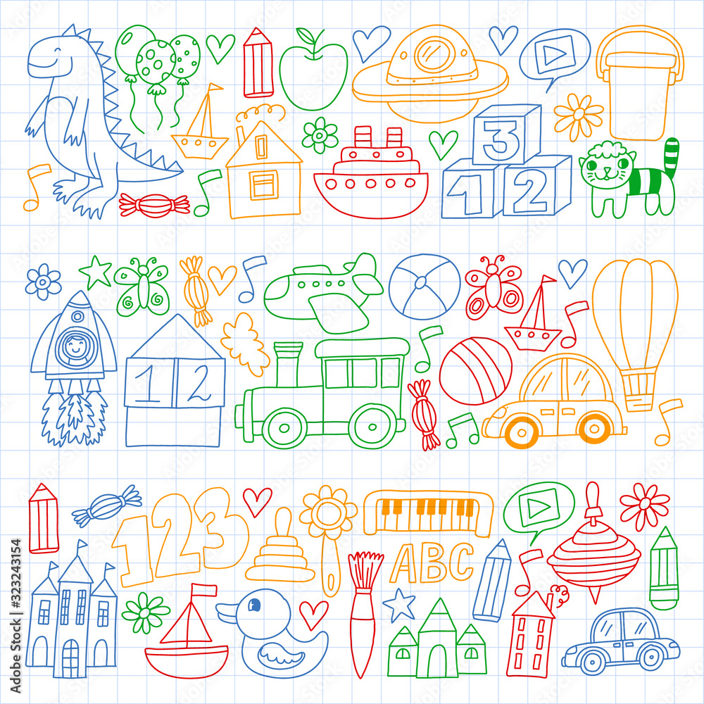 Vector pattern with children toys. Robot, rocket, horse, doll Vector pattern with children toys. Robot, rocket, horse, doll
