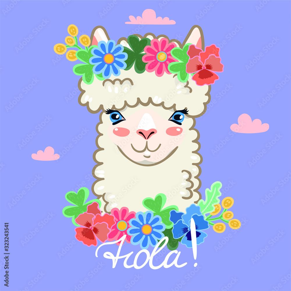 Llama head in a wreath of flowers. Lettering Hola. Vector graphics.