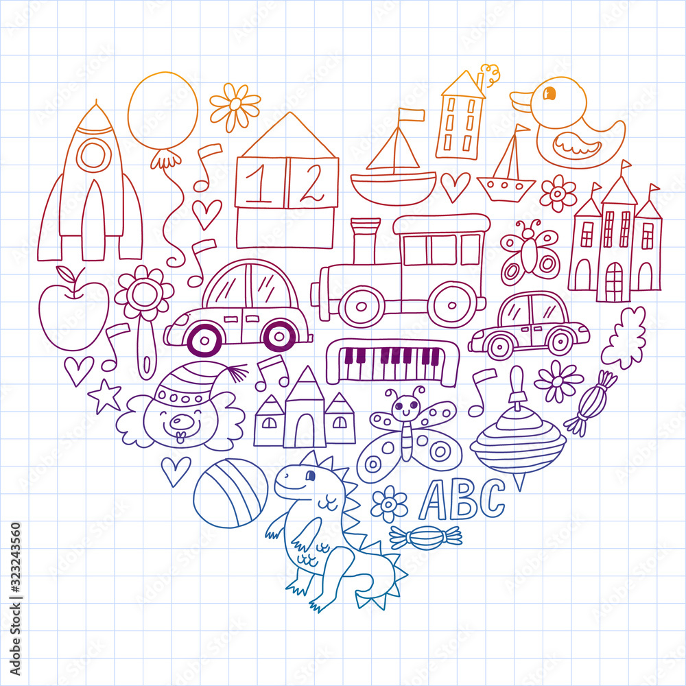 Vector pattern with children toys. Robot, rocket, horse, doll Vector pattern with children toys. Robot, rocket, horse, doll