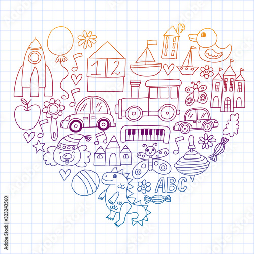 Vector pattern with children toys. Robot, rocket, horse, doll