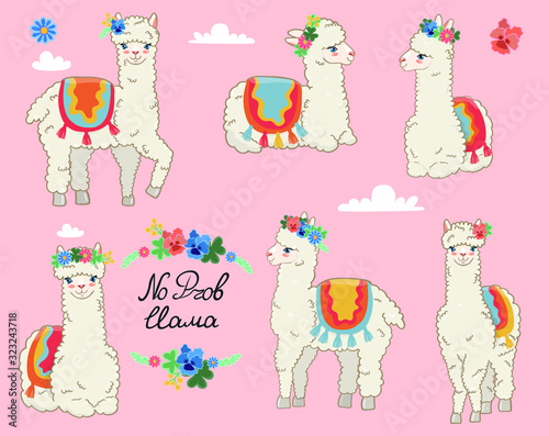 Set of llamas in spring floral wreaths. Vector graphics.