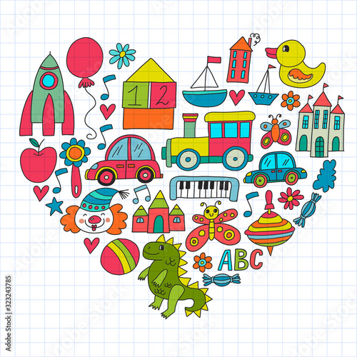Vector pattern with children toys. Robot, rocket, horse, doll