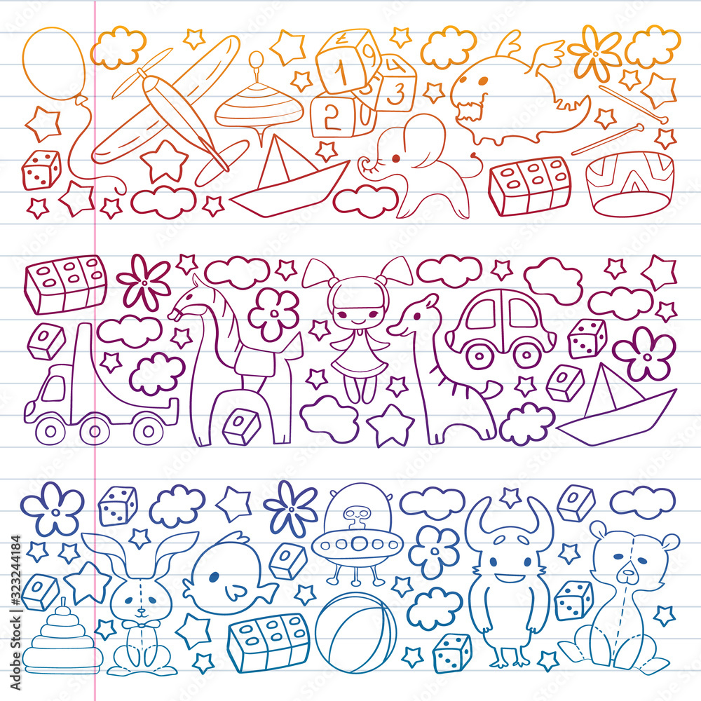 Vector pattern with children toys. Kindergarten elements in doodle style for little kids. Education, play, grow Vector pattern with children toys. Kindergarten elements in doodle style for little kids. Education, play, grow