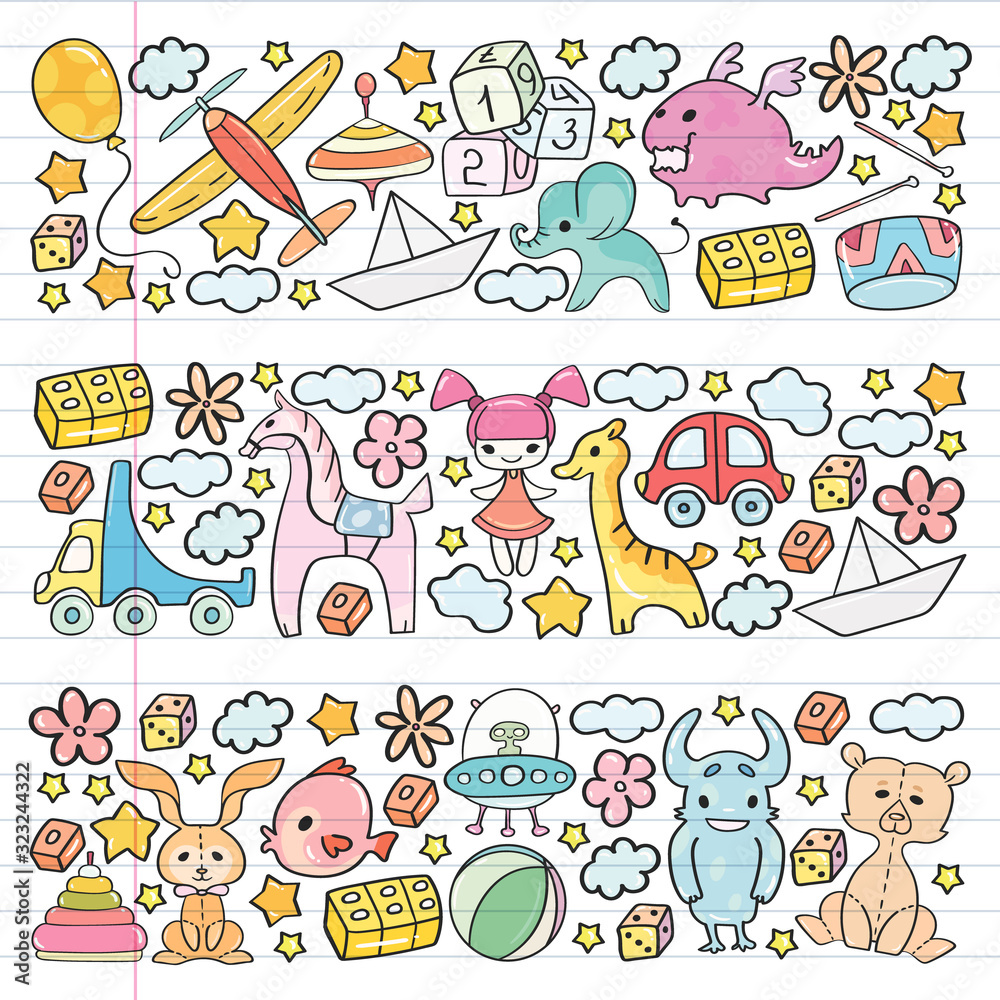 Fototapeta premium Vector pattern with children toys. Kindergarten elements in doodle style for little kids. Education, play, grow