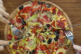 vegetable, janbon and cheese pizza