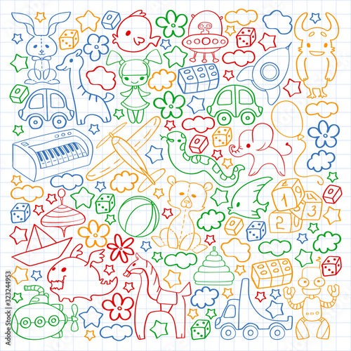 Vector pattern with children toys. Kindergarten elements in doodle style for little kids. Education, play, grow