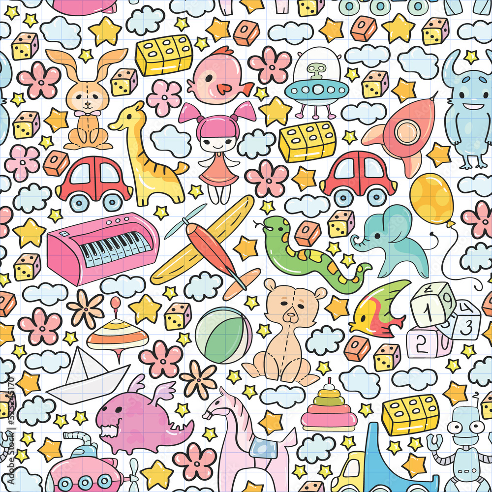 Vector pattern with children toys. Kindergarten elements in doodle style for little kids. Education, play, grow