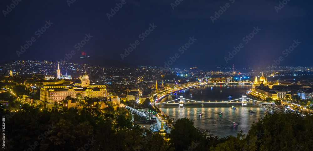Panoramic view of Budapest Castle and Danube river at night, Hungary.