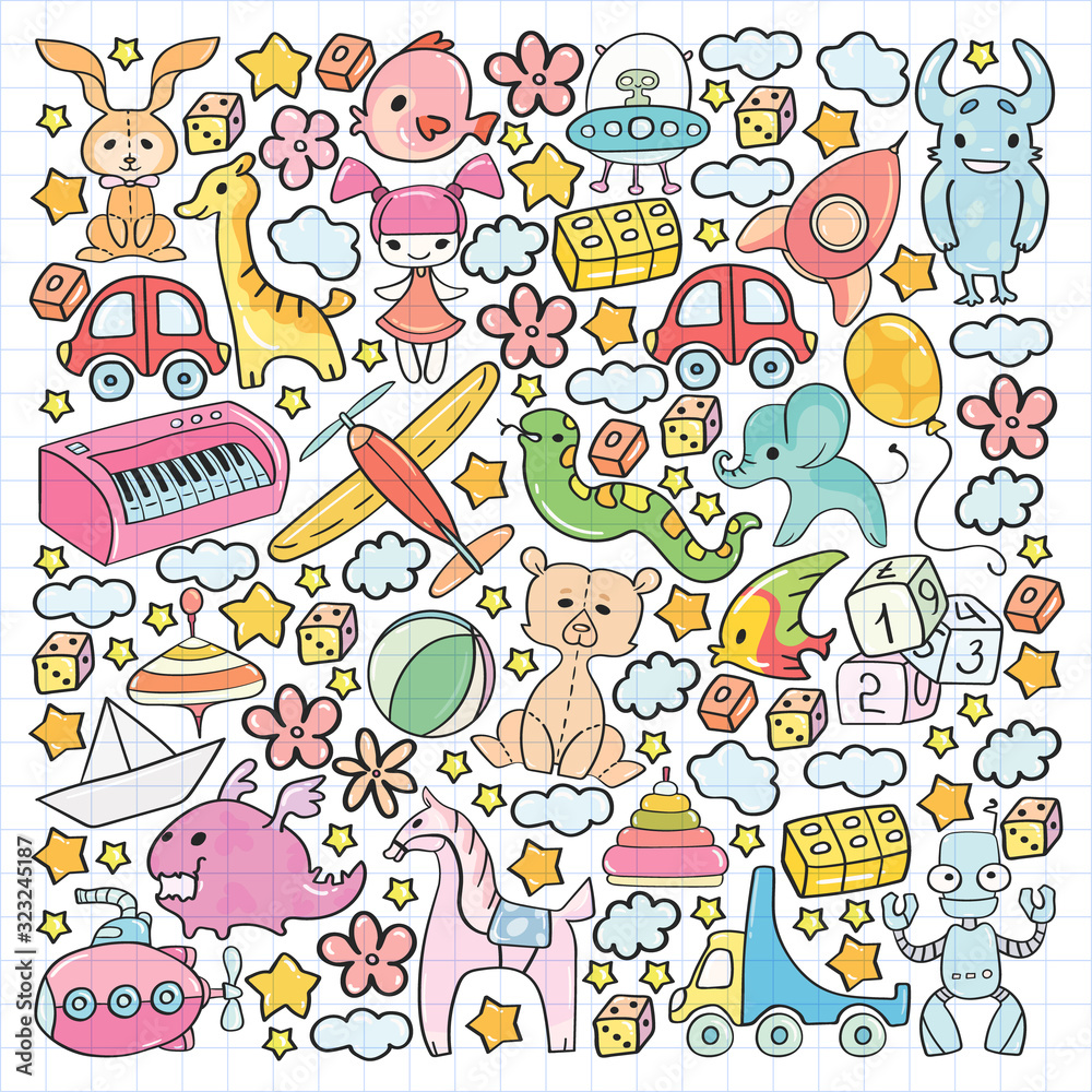 Vector pattern with children toys. Kindergarten elements in doodle style for little kids. Education, play, grow