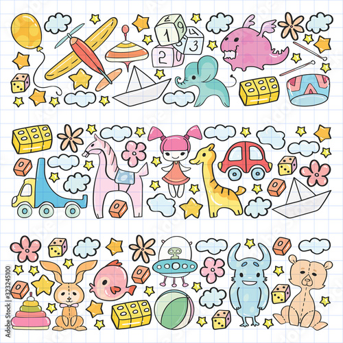 Vector pattern with children toys. Kindergarten elements in doodle style for little kids. Education, play, grow