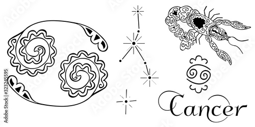 Hand-drawn set of astrological doodles for the zodiac sign Cancer. Black and white clipart in indian and greek style for coloring. Ornamental  crayfish, inscription, symbols and constellation. Vector.