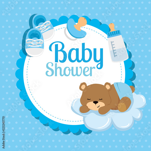baby shower card with cute bear and decoration vector illustration design