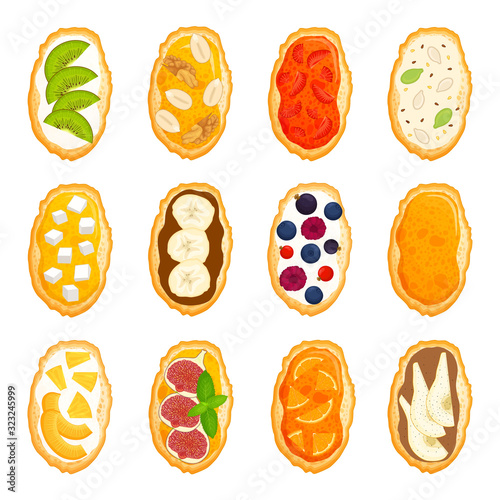 Set of sweet toasts isolated on a white background. Sandwiches with various sweet ingredients. Recipes for delicious snacks. Vector illustration in cartoon style.