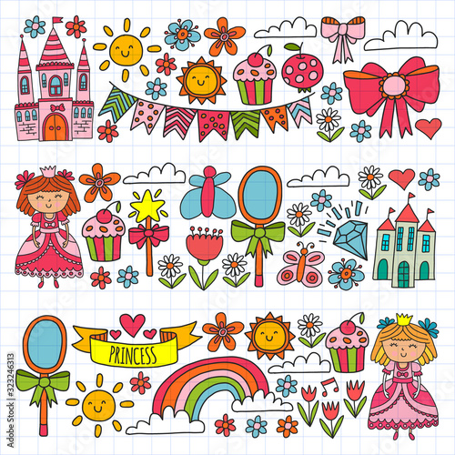 Vector pattern for little girls. Princess illustration for happy birthday party.