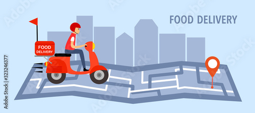 Online food delivery service vector illustration. Delivery boy riding red motorbike on map. Fast food delivery design template for landing page, web, mobile app, poster and flyer. © Orapun