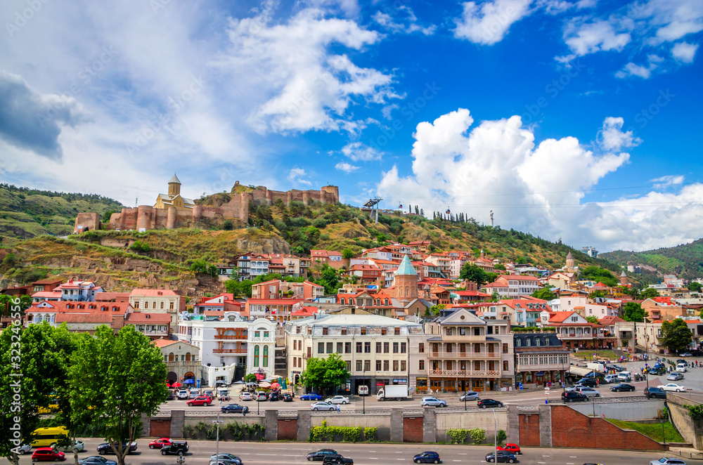 Naklejka premium Aerial view of historical center of Tbilisi and Narikala fortress, Georgia