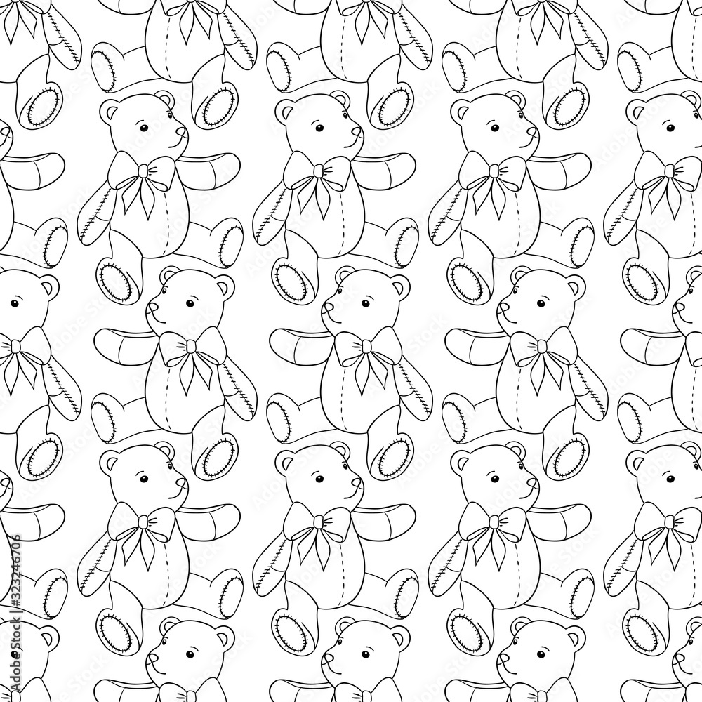Seamless pattern of contour Teddy bear on white background