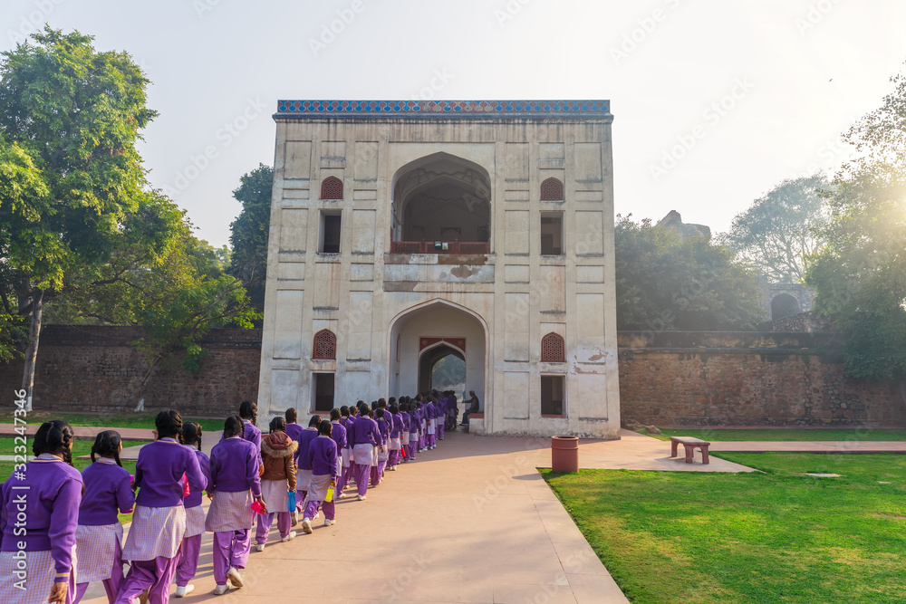 Indian school girls on the tour to the Humayun's tomb, New Dehli, India