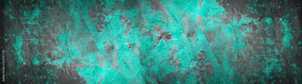 Turquoise aquamarine black gray rustic abstract painted exfoliated concrete stone wall texture background banner
