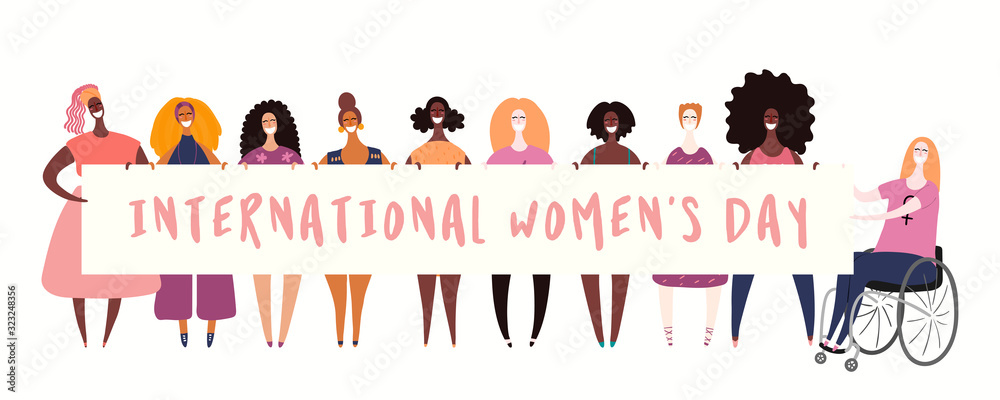 Fototapeta Hand drawn vector illustration of diverse girls holding a banner. Isolated people on white. Flat style design. Concept, element for feminism, womens day card, poster, banner. Female cartoon characters