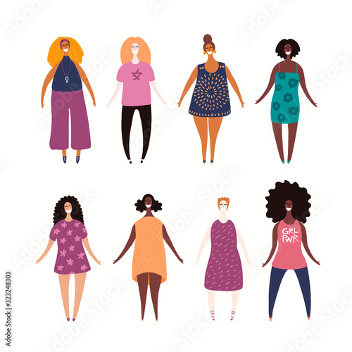 Set of diverse beautiful girls in casual clothes. Hand drawn vector illustration. Isolated people on white background. Flat style design. Female cartoon character. Modern woman concept, element.